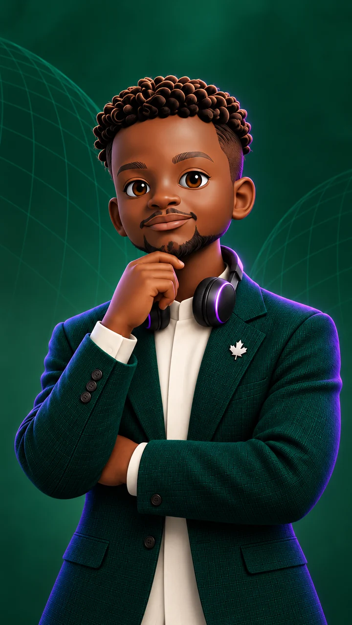 The approved 3D Femix character with sculpted curls, emerald jacket and violet-ring headphones.