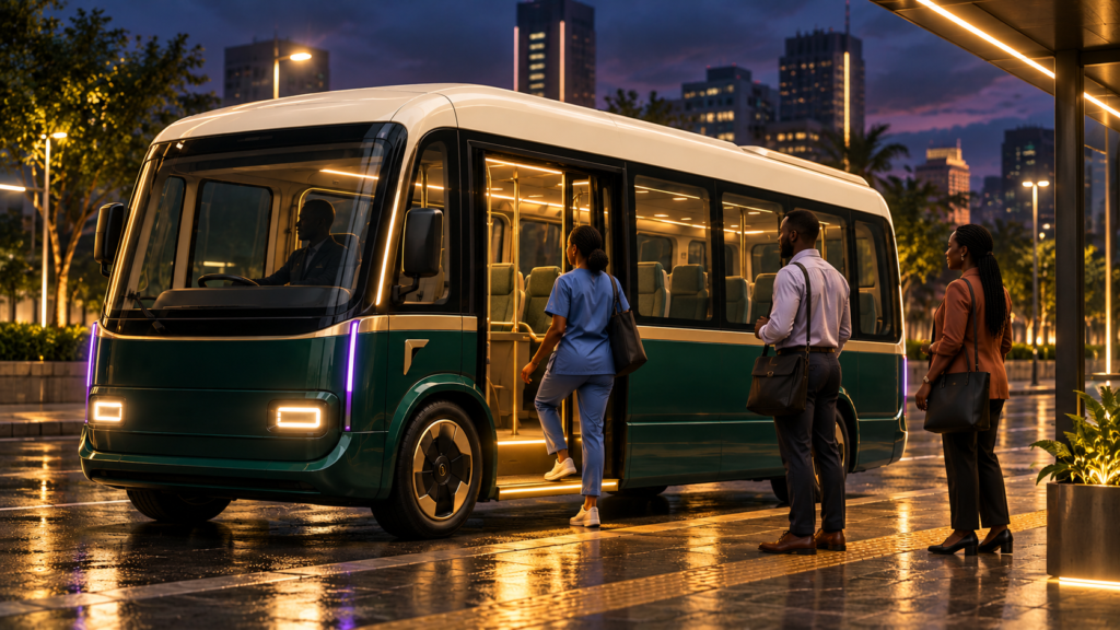 AI-generated early concept study of adult night workers approaching a lit emerald and ivory shuttle at an urban curb.