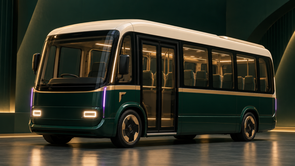 AI-generated early concept study of the emerald and ivory Night Bus Carrier shuttle, viewed from the front and side.