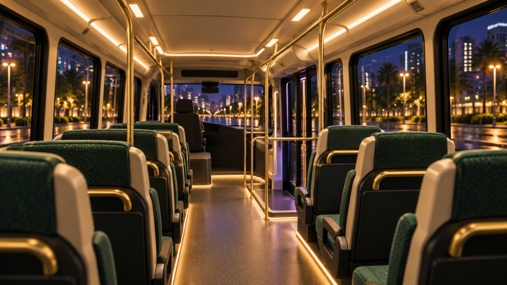 AI-generated early concept study of emerald passenger seats, warm lighting and a central aisle inside the proposed shuttle.